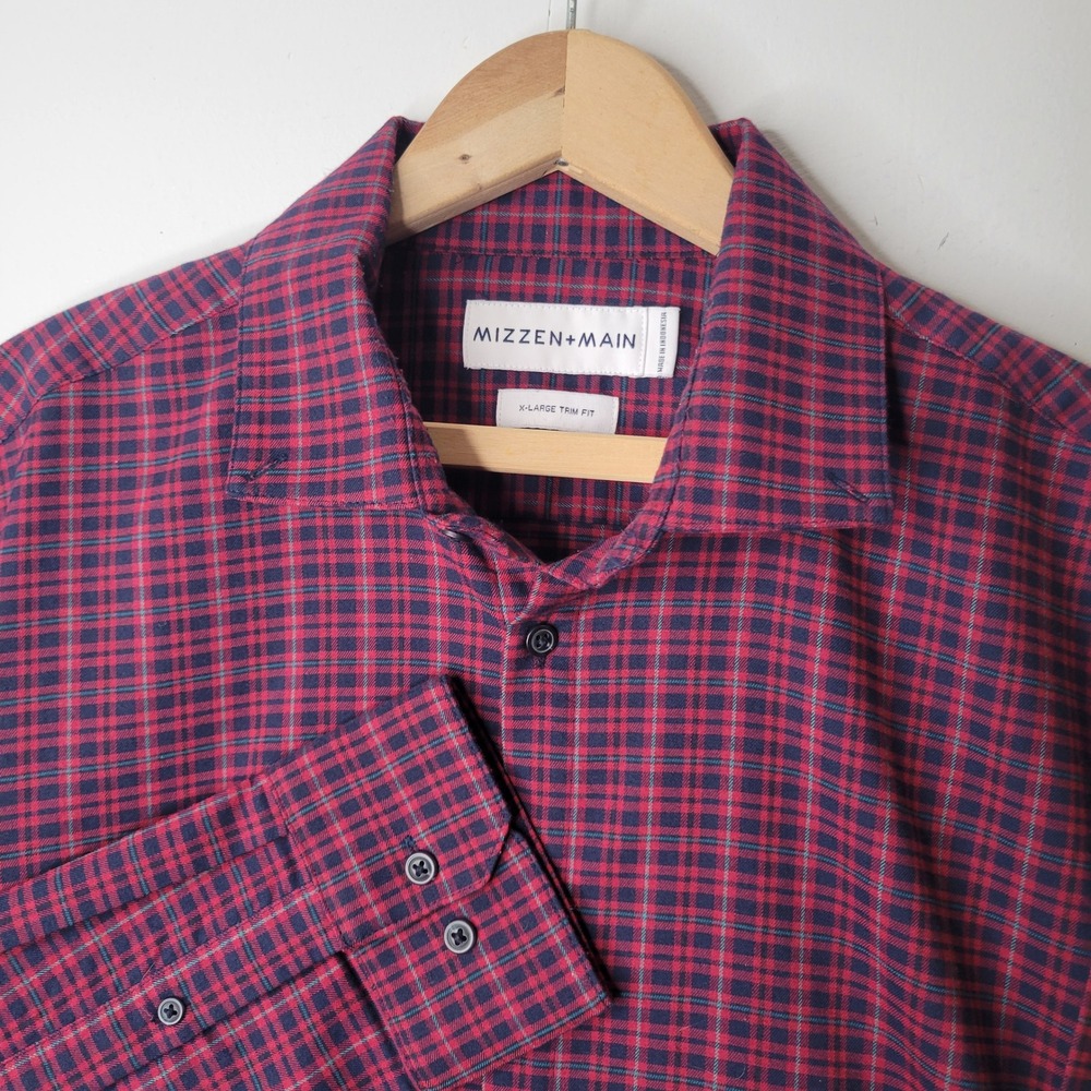 Mizzen+Main Mens‎ XL Trim Fit Red Navy Plaid Performance Dress Shirt Work Casual